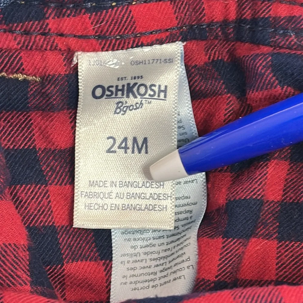OSHKOSH B'GOSH Red & Navy Plaid Flannel Lined Denim Overalls 24 Months